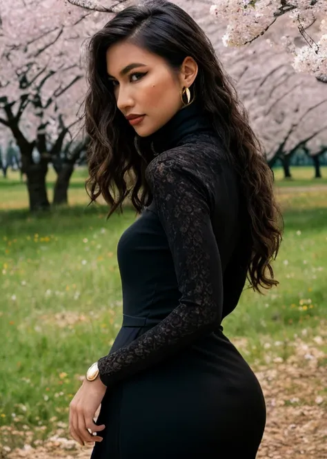 HDR photo of captivating masterpiece of an woman, glamorous hairstyle, (((black dress with turtleneck made of lace))), long earrings, necklace, (portrait), in a meadow with blossoming cherry trees, blurred background, sunlight, shallow depth of field, 8k,H...