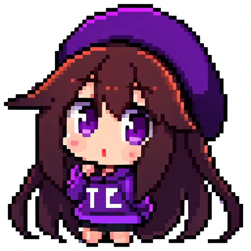 pixel_art, 1girl, long hair, brown hair, violet eyes, sweatshirt, hat