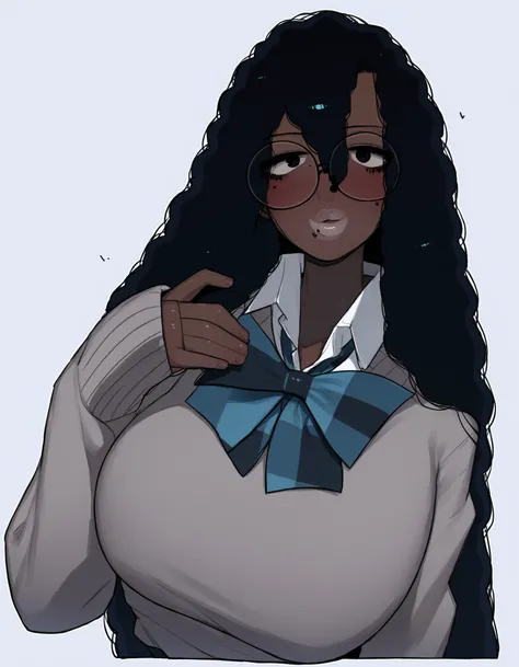 score_9, score_8_up, score_7_up, thick lips, 1girl, dark skin, lip piercing, long hair, very dark skin, dark-skinned female, solo, glasses, breasts, blush, school uniform, black hair, very long hair, sweater, looking at viewer, white background, simple bac...