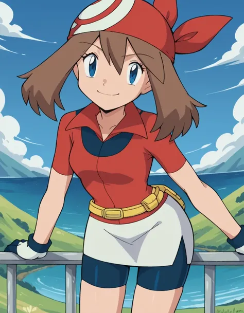 score_9, score_8_up, score_7_up, source_anime, <lora:pokemon-may-anime-ponyxl-lora-nochekaiser:1>, pokemonmay, blue eyes, brown hair, bandana, long hair, red bandana, twintails, hair between eyes,, bike shorts, collared shirt, gloves, microskirt, multicolo...