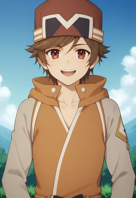 score_9, score_8_up, score_7_up, source_anime, highly detailed, 
satoru, 1boy, male focus, solo, brown hair, hat, upper body, smile, stand,
open mouth, pants, vest, orange vest, grey shirt, long sleeves,
outdoor, sky,