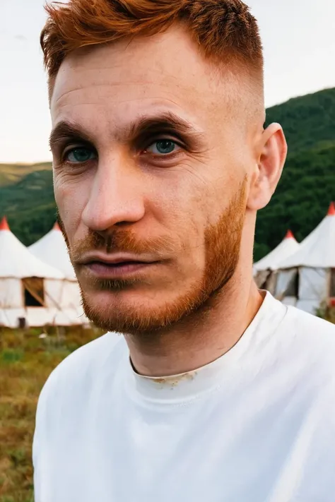 close-up shoulder up portrait photo of Loïc Barcourt
<lora:Loïc Barcourt_v4+0.25v7_v7:1>
a man with buzzcut ginger_hair, wearing a ligh (white:1.1)-hiking shirt, on a A cursed, abandoned carnival with rusting rides, tattered tents, and the distant sound of...