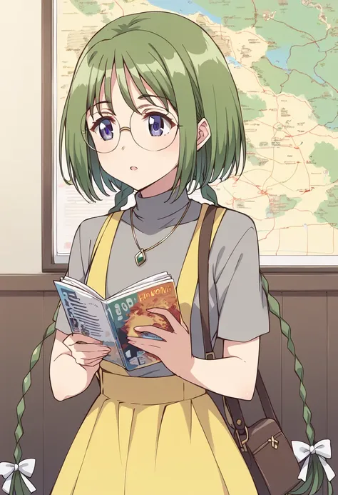 score_9, score_8_up, score_7_up, source_anime BREAK
midorikawa lettuce, 1girl, glasses, solo, blue eyes, jewelry, green hair, necklace, hair ribbon, reading, grey shirt, open mouth, handbag, twintails, round eyewear, short sleeves, turtleneck, book, hair b...