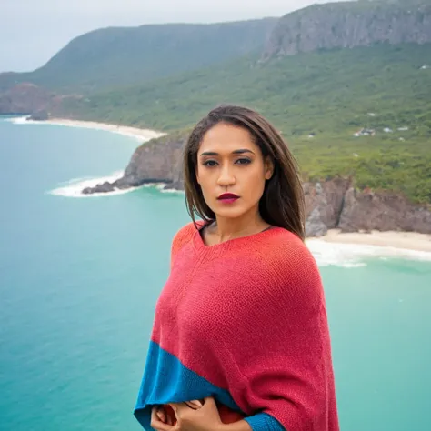 photo of fit (Wild-Cats-Island_Naby:0.99), a beautiful 1girl josephine_jobert, perfect hair, (modern photo), Colorblock knit poncho, portrait, 85mm, (analog, cinematic, film grain:1.3), (Floating Islands, Planet with gravity-defying islands offering unique...