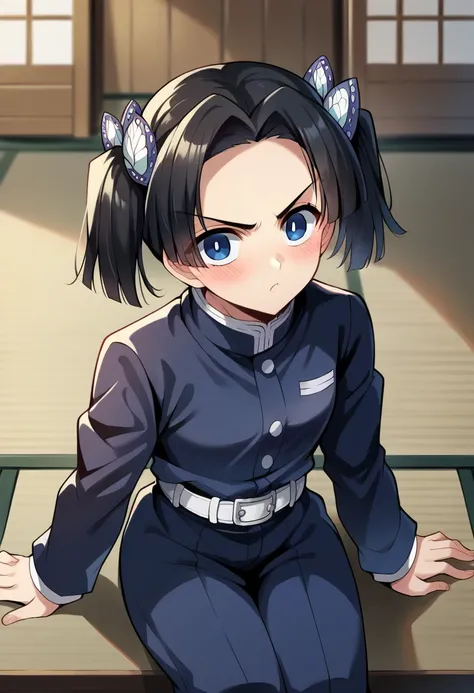 score_9, score_8_up, score_7_up, source_anime, masterpiece, 1girl, ct_a01, black uniform, black pants, white belt, long sleeves, looking at viewer, indoors, japanese house, blush, v-shaped eyebrows, sitting, head tilt, portrait,<lora:Aoi_Kanzaki_uniform_ve...