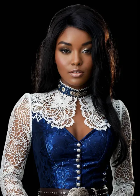 a captivating masterpiece of a woman with dark skin, (((dressed in a western outfit))), ((upper body)), face, The intricate lace and silver details exude a very rebellious aura. ((The use of high-shine gloss adds a touch of glamour to the look)), ((while t...