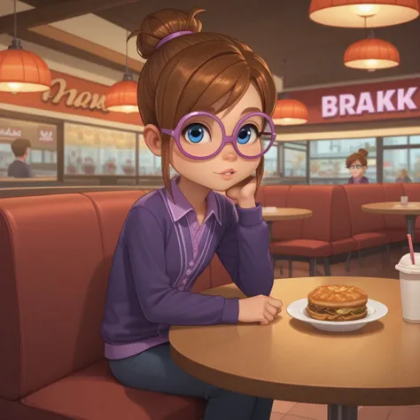 score_8, score_9, break, solo, jeanette, brown hair, single hair bun, glasses, blue eyes, sitting, restaurant