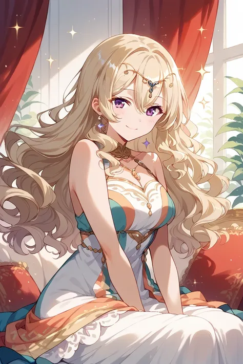 score_9, score_8_up, score_7_up, score_6_up, 1girl,
 <lora:Claudine_Saijo:0.9> claudine, long hair, blonde hair, solo, dress, smile, sitting, circlet, looking at viewer, sparkle, purple eyes, hair between eyes, wavy hair, curtains, bare shoulders