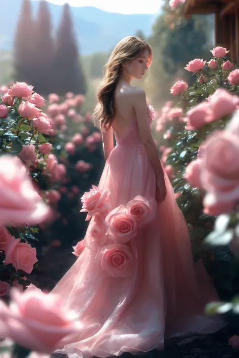 photorealistic,realistic,photography,masterpiece,best quality,ultra-detailed,extremely detailed CG unity 8k,1girl,solo,rose,long hair,back hair,dress,bare shoulders,standing,full body,flower,outdoors,from side,tree,pink flower,pink rose
 <lora:SNAKE PINK R...