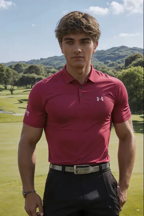 Gavin Casalegno wearing a tight pink polo shirt, ((wearing a tight pink under armour golf polo shirt:1.2)), ((wearing tight black shorts with black belt with a silver buckle:1.2)), ((Gavin Casalegno is standing on golf course:1.3)), (golf course background...