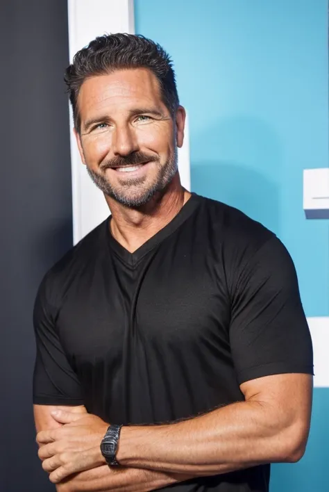 <lora:Ed_Quinn_Lora-10:0.9>, ed quinn, headshot, black tshirt, headshot, looking at viewer, pastel background, portrait