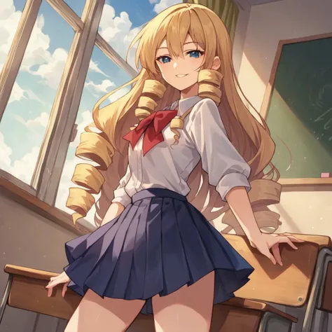 score_9, score_8_up, score_7_up, source_anime, merce, blonde hair, long hair, drill hair, blue eyes, school unifrom, pleated skirt, classroom, window, clear sky, clouds, smile, parted lips, looking at viewer, cowboy shot, dutch angle, solo,