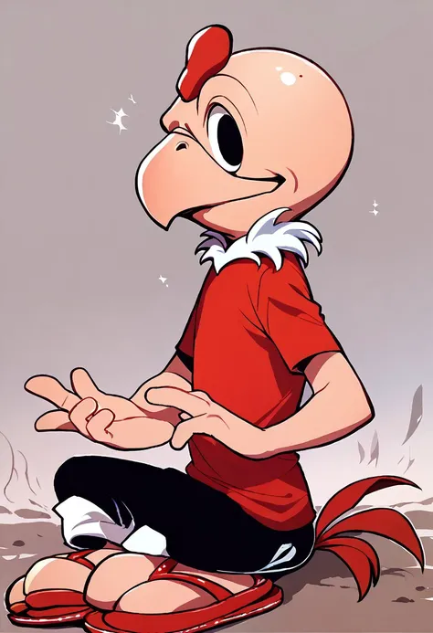 score_9, score_8_up, score_7_up BREAK Condorito, 1boy, humanoid bald didactyl condor, two toes, black eyes, beak, red crest, red tail feathers, white feather collar, short-sleeved red shirt, rolled-up black pants, red sandals, full body,