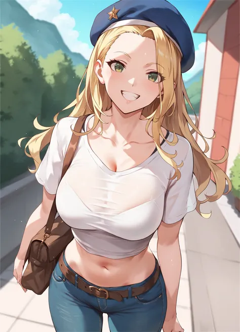 score_9, score_8_up, score_7_up, masterpiece, best quality,  cowboy shot, 1girl, solo,  blonde hair, forehead, long hair, hat, shirt, breasts, green eyes, bag, beret, pants, jeans, large breasts, denim, white shirt, navel, blue headwear, belt, alternate co...