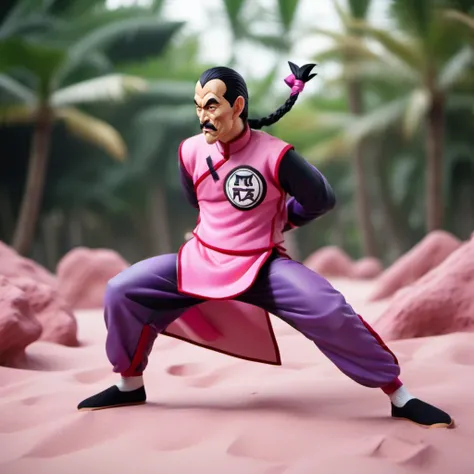 cinematic photo full body portrait 1boy, mustache, solo, single braid, black hair, pink and purple chinese clothes, facial hair, fighting stance, beach, jungle<lora:TaoPaiPai1024:0.8> . 35mm photograph, film, bokeh, professional, 4k, highly detailed