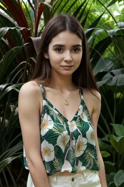 <lora:TMK4l3y_v10:0.75>, TMK4l3y, long hair, brown eyes, upper body photo, In a serene, tropical garden surrounded by lush greenery and exotic flowers, the influencer stands by a small, tranquil pond. She’s wearing a light, sleeveless blouse with a delicat...