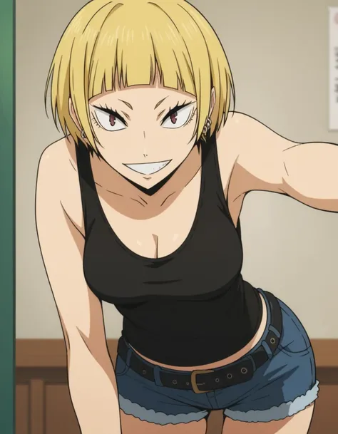 score_9, score_8_up, score_7_up, source_anime, <lora:saeko-tanaka-s2-ponyxl-lora-nochekaiser:1> saeko tanaka, short hair, blonde hair, brown eyes, blunt bangs,, jewelry, earrings, midriff, belt, bracelet, tank top, denim, shorts, cleavage, bare shoulders, ...