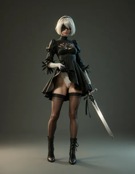 score_9, score_8_up, score_7_up,score_6_up, score_5_up, 1girl, 2b_(nier:automata), nier_(series), 1girl,  covered_eyes, white_hair, full body, stocking,  boots, carrying a sword,