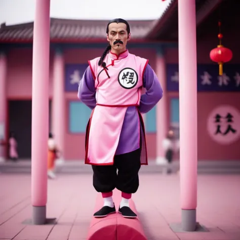 cinematic photo full body portrait 1boy, mustache, solo, single braid, black hair, pink and purple chinese clothes, facial hair,  stand on a horizontal pink pole in the air  <lora:TaoPaiPai1024:0.8> . 35mm photograph, film, bokeh, professional, 4k, highly ...