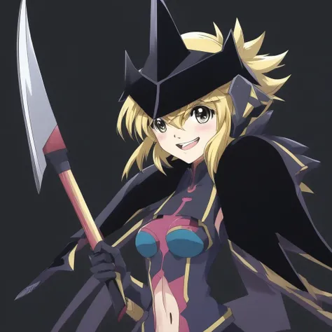 solo, arm up, scythe, armor, open mouth, black background, hat, portrait, anime coloring, smile, hair between eyes, cloud, subtitled, headgear, shiny, akatsuki kirika, blonde hair, medium breasts