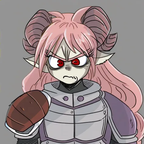 1girl, pink hair, goat horns, armor, angry, red eyes, long hair