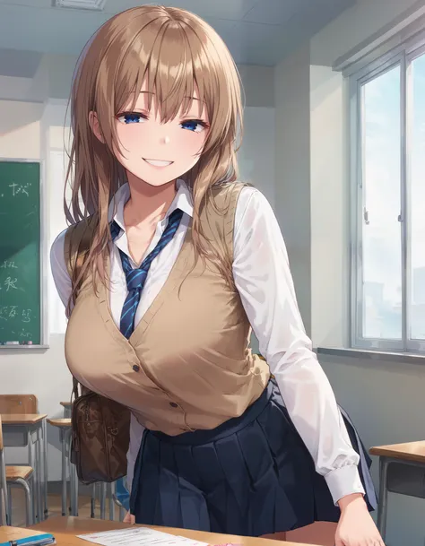 score_9, score_8_up, score_7_up, masterpiece, absurdres, source_anime, (perfect anatomy),

1girl, solo, chiaki, blue eyes, long hair, bangs, brown hair, big breast, half-closed eyes, smiling,
school uniform, white shirt, brown vest, neckline, necktie, mini...