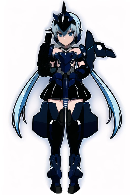 masterpiece, best quality, 
day, front view, full body, 
1girl, solo, standing, looking_at_viewer, 
<lora:stylet_(frame_arms_girl)_v1:1>, stylet, frame arms girl, armor, blue hair, blue eyes, long hair, hair between eyes, bare shoulders, black gloves, blac...