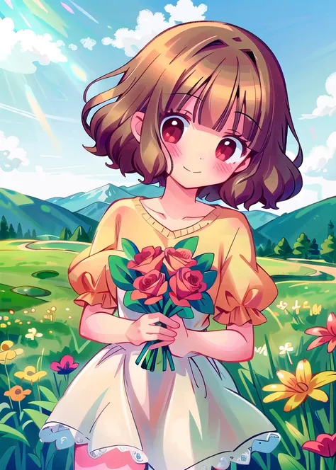 kurihara yuki,
holding bouquet, plains, mountains, smile, head tilt, 1girl, solo,
<lora:150charsKiraiNAI:1>