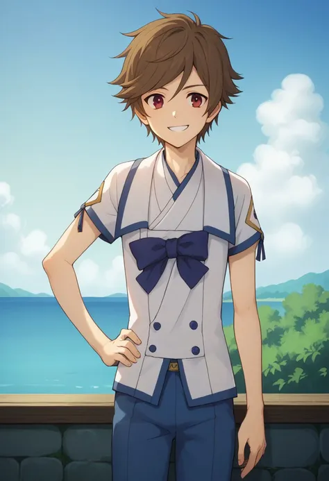 score_9, score_8_up, score_7_up, source_anime, highly detailed, 
satoru, 1boy, solo, male focus, brown hair, red eyes, upper body, smile, hand on hip, pants, blue pants, kamisu school uniform, buttons, shirt, bow,  blue bow,
outdoor, sky,