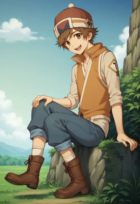 score_9, score_8_up, score_7_up, source_anime, highly detailed, 
satoru, 1boy, male focus, solo, brown hair, hat, full body, smile, boots, socks, white 
open mouth, pants, vest, orange vest, grey shirt, long sleeves,
outdoor, sky,