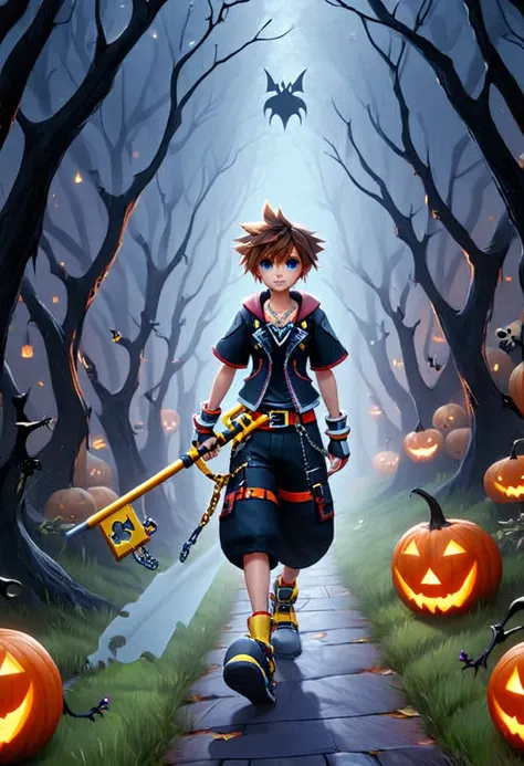 sorakh, keyblade, walking down a path, Halloween theme, shadow monster