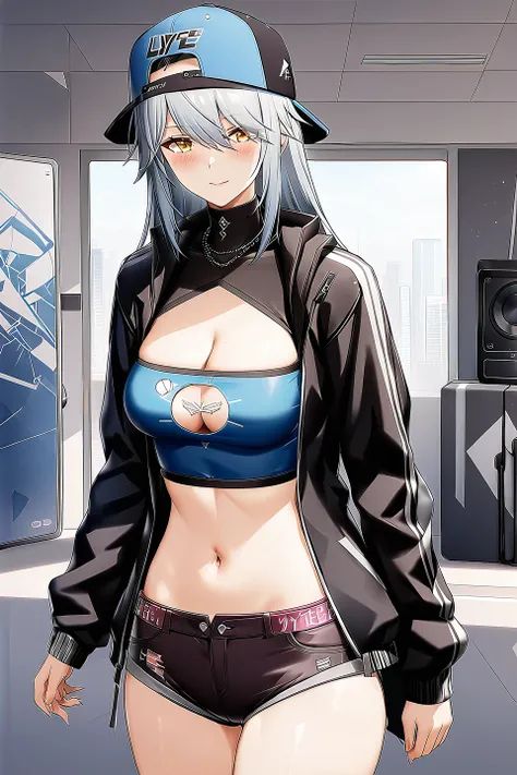 (best quality), ((masterpiece)), (highres),(extremely detailed CG unity 8k wallpaper), 1girl solo with cute face, lyfe, (lyfe street), yellow eyes, long blue grey hair, baseball cap, cleavage cutout, shorts, navel, black jacket, <lora:lyfe:0.9>