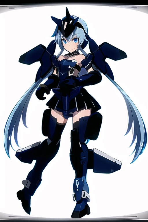 masterpiece, best quality, 
day, front view, full body, 
1girl, solo, standing, looking_at_viewer, 
<lora:stylet_(frame_arms_girl)_v1:1>, stylet, frame arms girl, armor, blue hair, blue eyes, long hair, hair between eyes, bare shoulders, black gloves, blac...