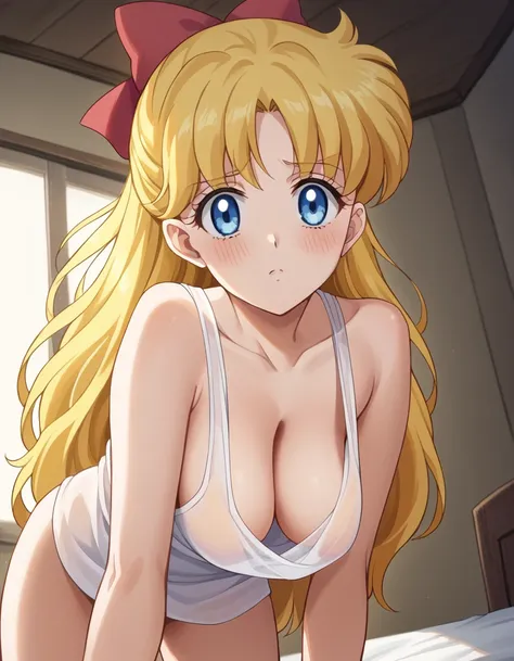 score_9, score_8_up, score_7_up, source_anime, <lora:minako-aino-eternal-movie1-ponyxl-lora-nochekaiser:1>, minako aino, blonde hair, blue eyes, bow, hair bow, half updo, long hair, red bow, tiara,, <lora:hanging-breasts-ponyxl-lora-nochekaiser:1>, hanging...