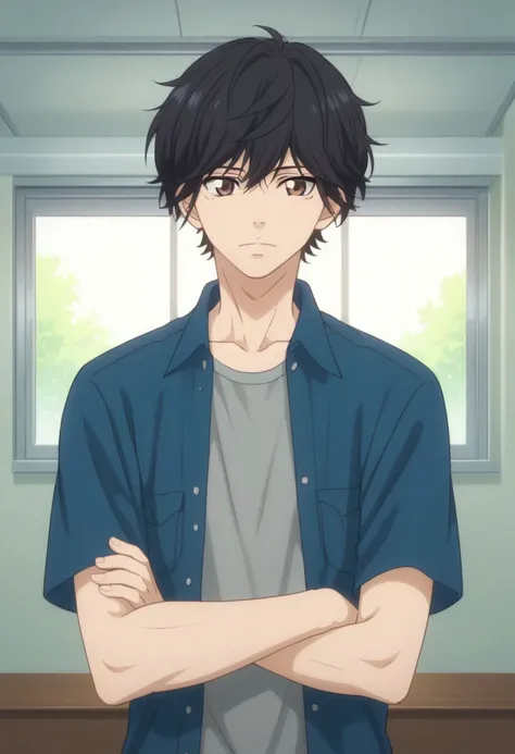 score_9, score_8_up, score_7_up, source_anime, highly detailed, 
koutanaka, 1boy, male focus, crossed arms, brown eyes, solo, black hair shirt, looking at viewer, indoors, upper body, grey shirt, window, short sleeves, breast pocket,
blue shirt, open cloth...