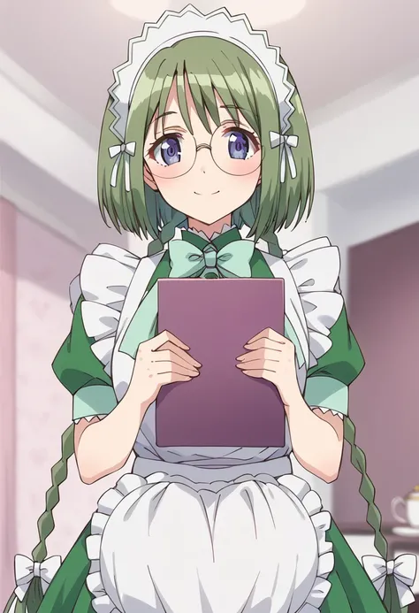 score_9, score_8_up, score_7_up, source_anime BREAK
midorikawa lettuce, waitress, glasses, 1girl, green hair, maid, blue eyes, solo, maid headdress, round eyewear, looking at viewer, solo, hair ribbon, pov, maid apron, smile, bowtie, hair bow, very long ha...