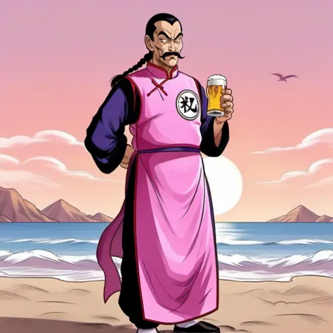 comic full body portrait 1boy, mustache, solo, single braid, black hair, pink and purple chinese clothes, facial hair,  having a beer on the beach <lora:TaoPaiPai1024:0.8> . graphic illustration, comic art, graphic novel art, vibrant, highly detailed