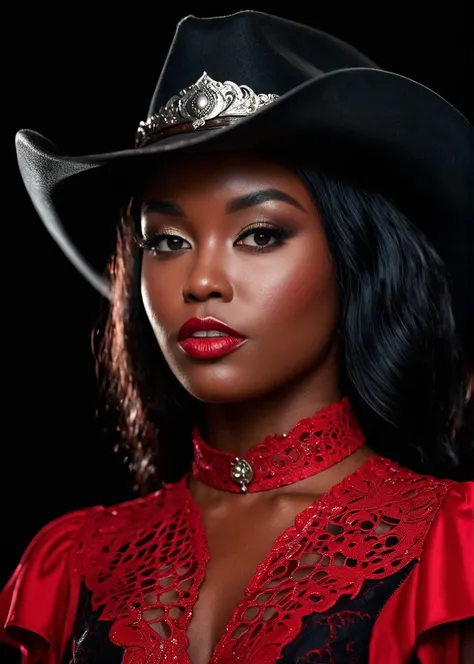 A captivating masterpiece of a woman with dark skin, make up, (((cowboy shot))), glamour, dramatic, studio lighting, looking at viewer, background blurred, 8k, dragon, bloodwave, elegant, ornate clothing, high contrast, dramatic shadows, mysterious, cinema...