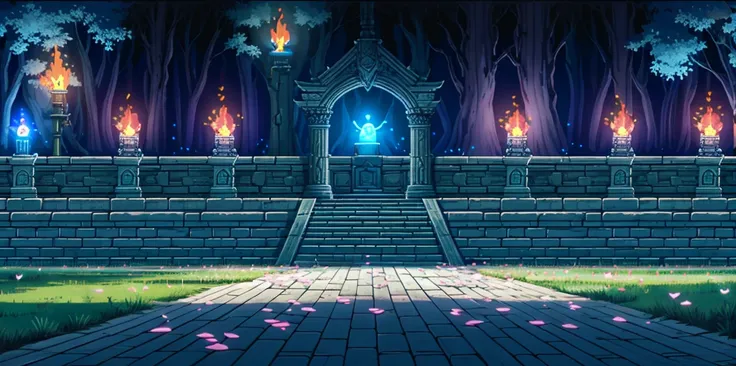 HEZI, game pixel style, horizontal board game interface, game scene, stairs, no humans, scenery, grass, fire, tree, outdoors, nature, pillar, forest, candle, flower, fantasy, column, path, creature, stone stairs, dark, night, ruins, torch, crystal, door, m...