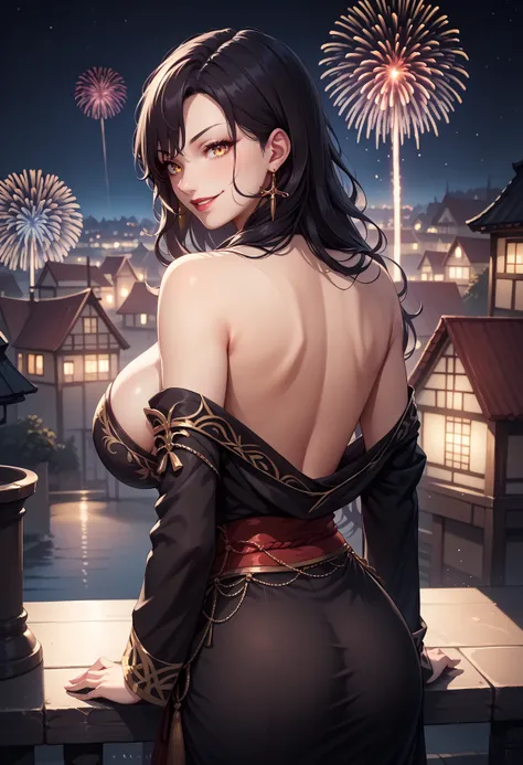 score_9, score_8_up, score_7_up,  1girl,  <lora:sonia-fe7-pdxl-v2:0.8>, fe7snia,  black hair,   wavy hair, long hair, circlet,  dangle earrings, red lips, (large breasts:1.6), smile,    <lora:Zumi_Pony_XL_Artstyle:1>, contrapposto, looking at viewer,  from...