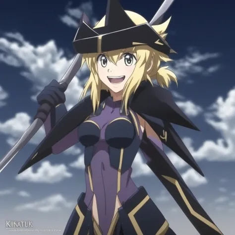 solo, arm up, scythe, armor, open mouth, black background, hat, portrait, anime coloring, smile, hair between eyes, cloud, subtitled, headgear, shiny, akatsuki kirika, blonde hair, medium breasts