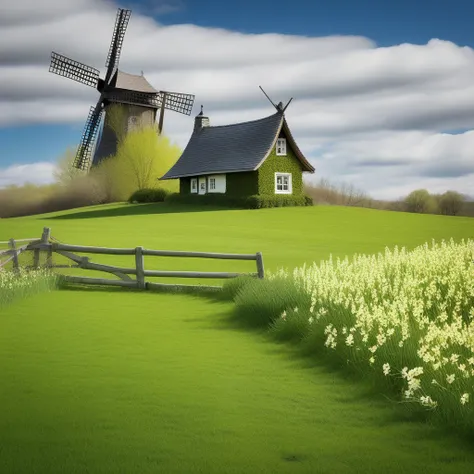 LANDSCAPER, grassy field, small cottage, windmill, spring