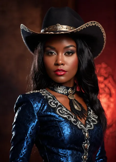 A captivating masterpiece of a woman with dark skin, make up, (((cowboy shot))), glamour, dramatic, studio lighting, looking at viewer, background blurred, 8k, dragon, bloodwave, elegant, ornate clothing, high contrast, dramatic shadows, mysterious, cinema...