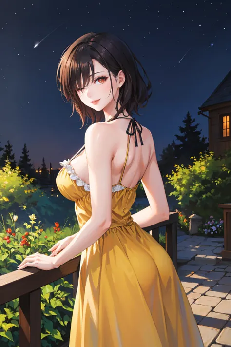 masterpiece, best quality, 1girl, solo <lora:berengaria-nvwls-v1-000009:0.9> berengaria, short hair, red eyes, hair over one eye, toned, large breasts, yellow sundress, yellow dress, from behind, garden, night sky, smile