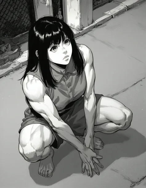 score_9, score_8_up, score_7_up,score_6_up,high resolution,mtskyamd,source_anime,1girl,monochrome,grayscale,black hair,long hair,bangs,sleeveless shirt,barefoot, volumetric lighting,rim lighting,dof,dramatic shadow,squatting,street,dynamic pose