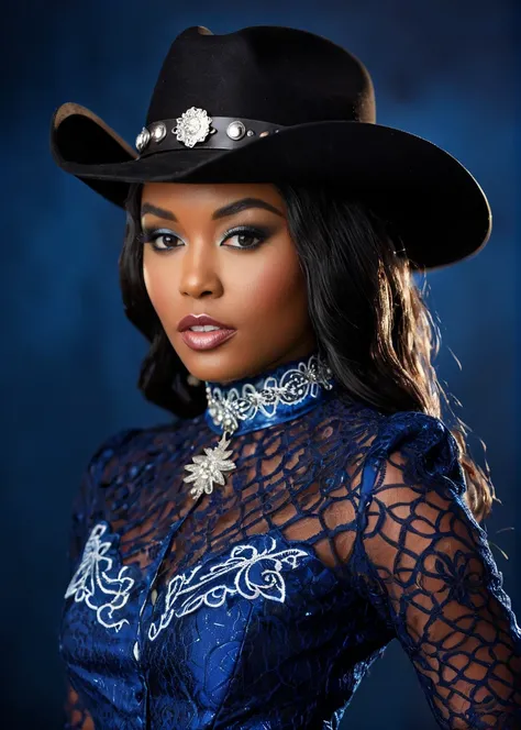 a captivating masterpiece of a woman with dark skin, (((dressed in a western outfit))), ((upper body)), face, The intricate lace and silver details exude a very rebellious aura. ((The use of high-shine gloss adds a touch of glamour to the look)), ((while t...