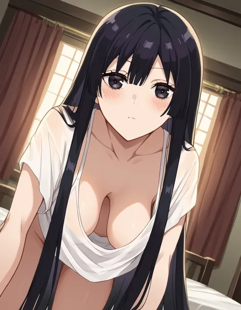 score_9, score_8_up, score_7_up, source_anime, <lora:yumiella-dolkness-s1-ponyxl-lora-nochekaiser:1> yumiella dolkness, long hair, bangs, black hair, very long hair, black eyes, hime cut, medium breasts,, <lora:hanging-breasts-ponyxl-lora-nochekaiser:1>, h...