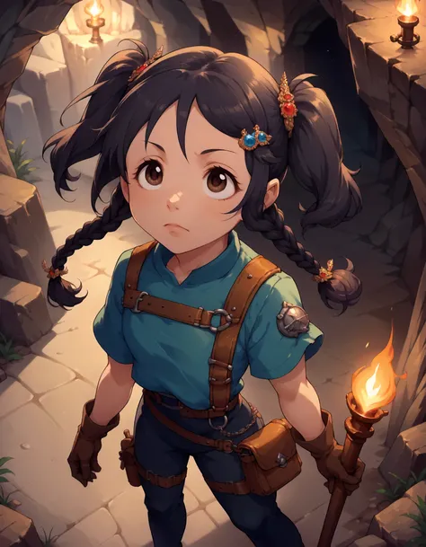 score_9,score_8_up,score_7_up,1girl,solo,looking up,from above,standing,in cave,torch,surprized,
<lora:miyoshisana_ponyXLV6:0.8>,cgmsn,black hair,twin braids,twintails,brown eyes,hair ornament,
leather tunic,leather pants,leather gloves