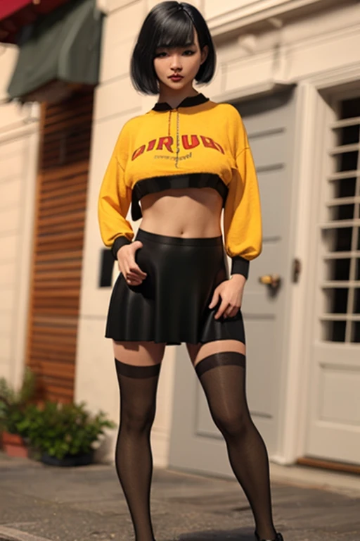 <lora:Rin-08:0.8>,((extremely realistic shading, masterpiece, extremely detailed, photorealistic)),Asian, black short hair, Yellow top, bare waist, black short skirt, black transparent stockings, black sneakers,