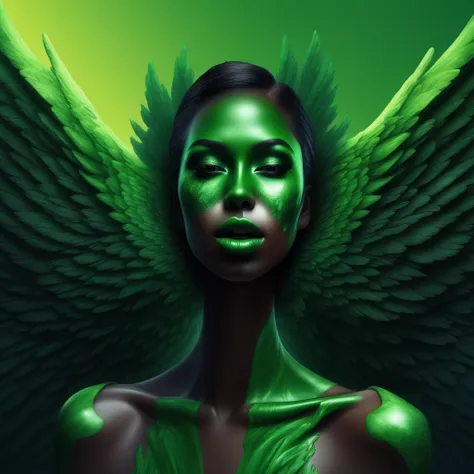 wings, green skin, painting (medium), shadow, building, makeup, green theme, gradient, lips, water